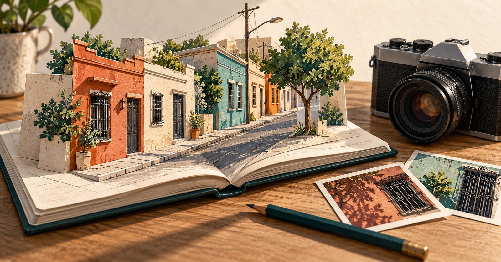 Ilustración de IA: una calle de papel emerge de un cuaderno abierto junto a una cámara, como metáfora de la memoria barrial.
