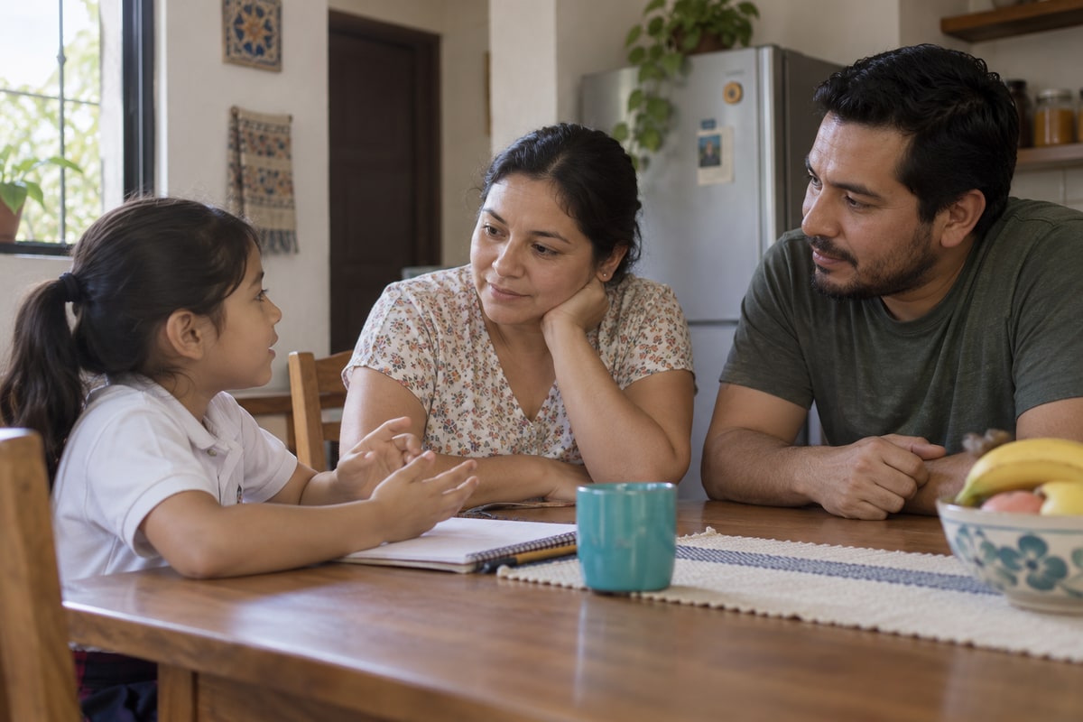 Escena imaginada de una niña conversando con dos personas adultas en una mesa familiar.