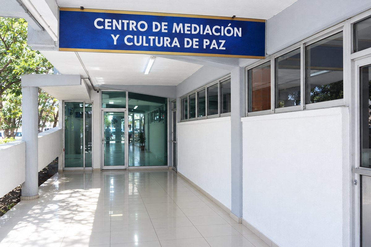 Recreación con IA del acceso al Centro de Mediación y Cultura de Paz de Preparatoria 16: pasillo blanco, ventanales y rótulo azul. No es una fotografía real.