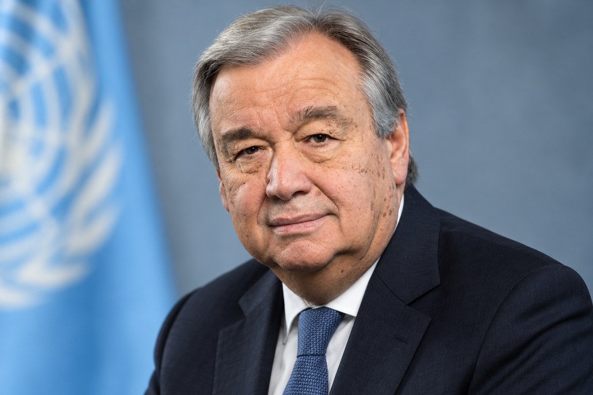 Retrato ilustrativo de António Guterres generado con IA, con traje oscuro y fondo azul inspirado en su retrato de la ONU. No es una fotografía del mensaje.